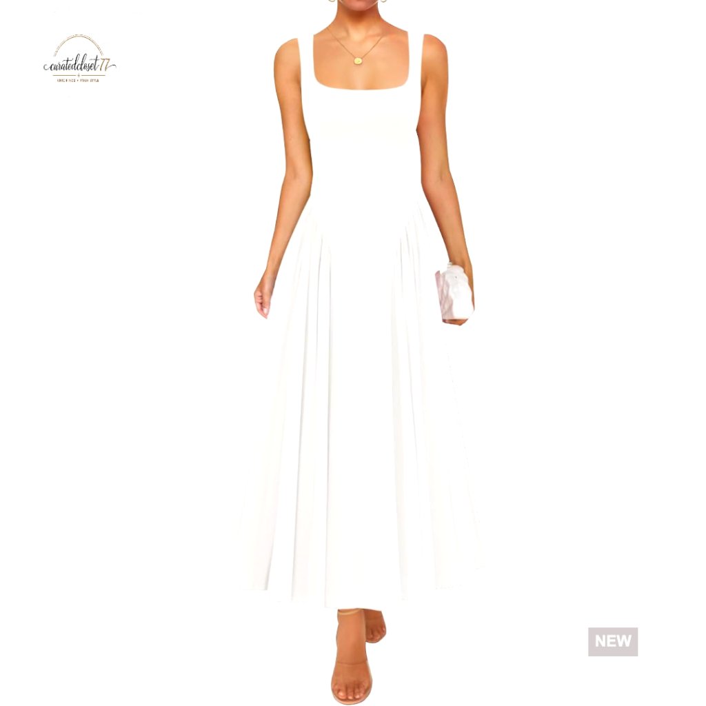 Sleeveless Square Neck Maxi Dress A-Line Flowy Summer Casual Beach